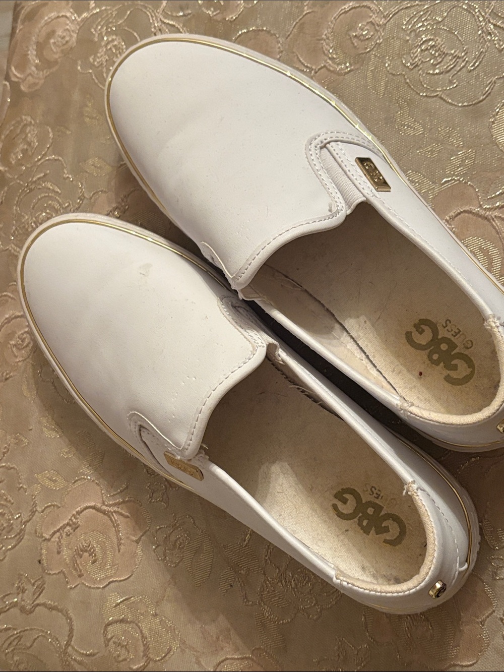 G by Guess White Slip-On Sneakers with Gold Trim Size 9